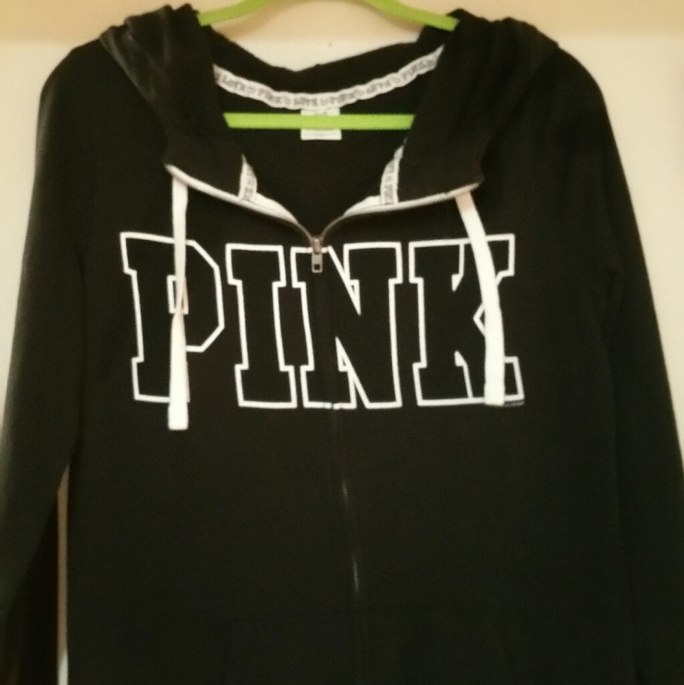 PINK black hooded zip-up sweatshirt with pockets.